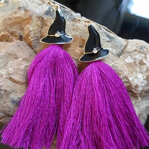 Cute Witch hat earrings with purple tassels, earrings with black witches hats & crystals, tiny black hat and purple halloween party earrings