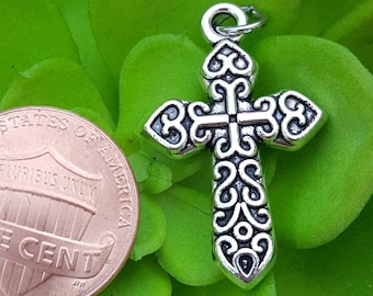 Silver cross charm pendant, gothic antique silver cross Christian Catholic faith jewelry charms, religious jewelry gift, silver celtic cross