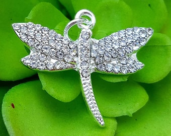 May include: Silver dragonfly charm with clear crystal accents. The dragonfly is perched on a green leafy background.