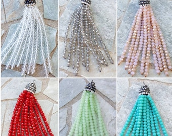 Beaded tassel pendant w pave crystal rhinestone bead cap, choose red white clear green royal blue black purple smoke turquoise peach tassel