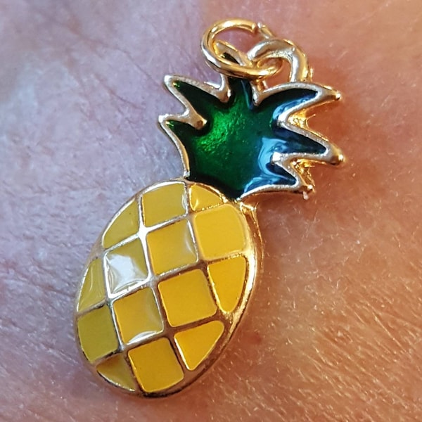 Enameled gold pineapple charm, green & yellow pineapple pendant, tiny pineapple jewelry, tropical fruit charms, hospitality christmas gift