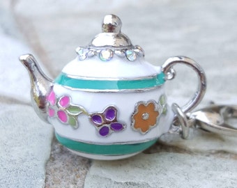 Clip on charm for bracelet necklaces, enamel charm w lobster clasp, tiny teapot charm, tiny teapot pendant, tea drinker gift, teapot jewelry