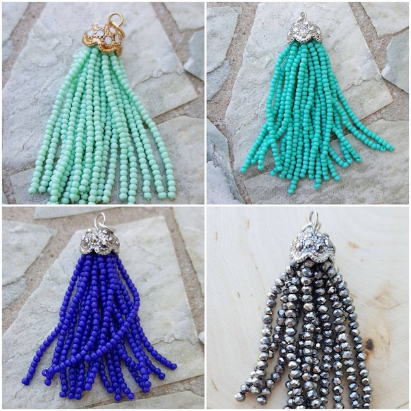 Beaded tassel pendant w pave crystal beadcap, choose pink blush green smoke grey turquoise 2" tassel, colorful crystal tassel sparkly tassel