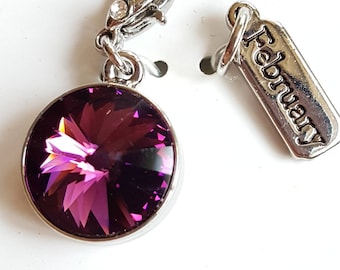 Charm de amatista morada de cristal Swarovski, piedra natal de febrero, charm Swarovski auténtico, charm de piedra natal con clip, colgante de piedra natal Swarovski