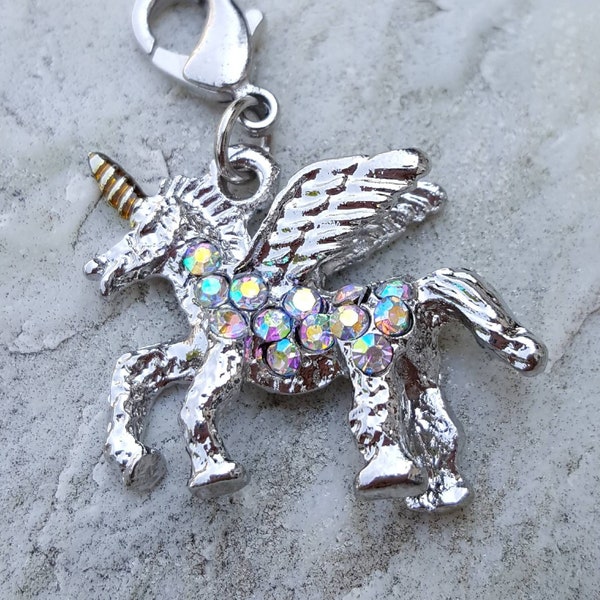 Clip on unicorn charm for bracelets necklaces, unicorn charm w clasp, pave crystal unicorn clip on charm, sparkly unicorn pendant for girls