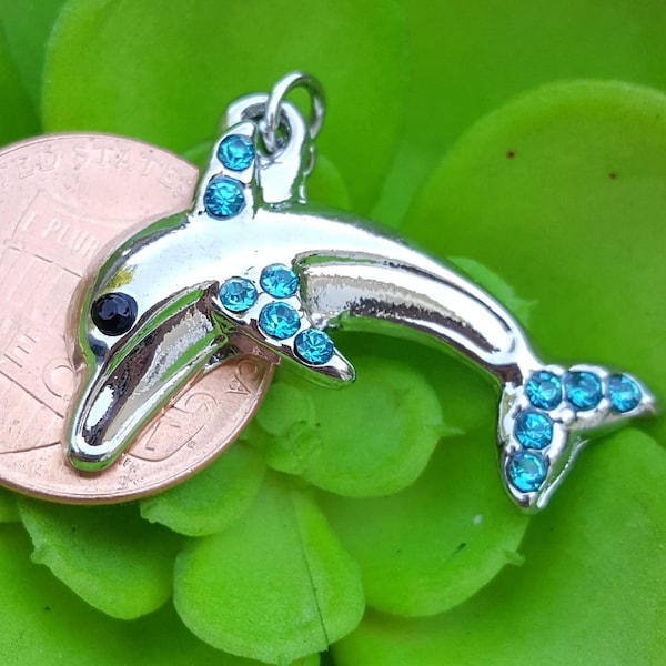 Sparkly dolphin charm for bracelets, silver dolphin charm, blue crystal dolphin clip on charm, dolphin pendant, cute dolphin christmas gift