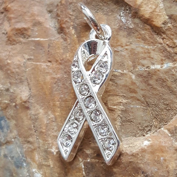 Silver cancer awareness charm, cancer survivor ribbon pendant, cancer survivor ribbon charm, survivor pink ribbon, pave crystal ribbon charm