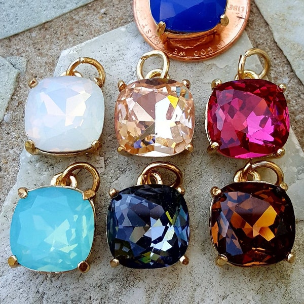 Sparkly colorful crystal drop pendant charm, colorful 12mm square gold prong set crystals for necklace bracelet earrings diy jewelry making