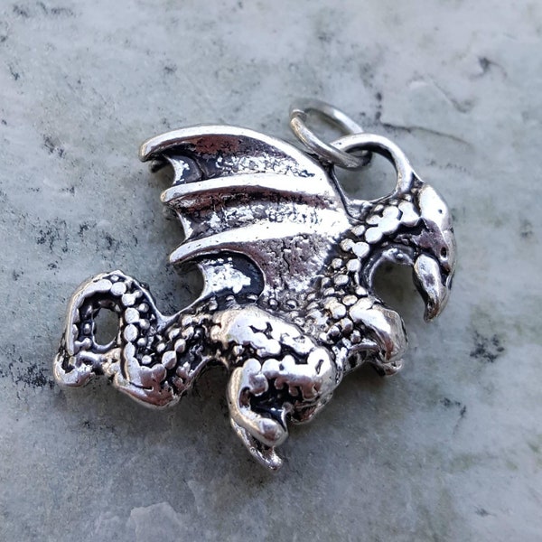 Silver dragon charm, silver dragon pendant, fantasy charms, dragon jewelry, mythical creature charms, game of thrones dragon lover gifts