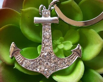 Silver anchor keychain, pave crystal anchor keychain, sailing boat ocean lover gifts, sparkly anchor keychain, cute nautical christmas gifts