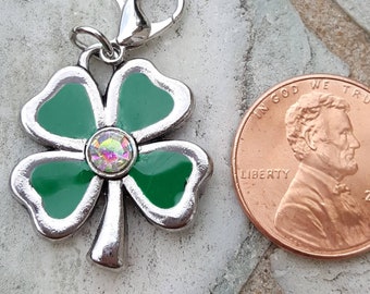 Dije con clip para pulseras, colgante de trébol verde de cristal brillante, dije de trébol irlandés de cuatro hojas verde, dije de trébol, regalo del Día de San Patricio