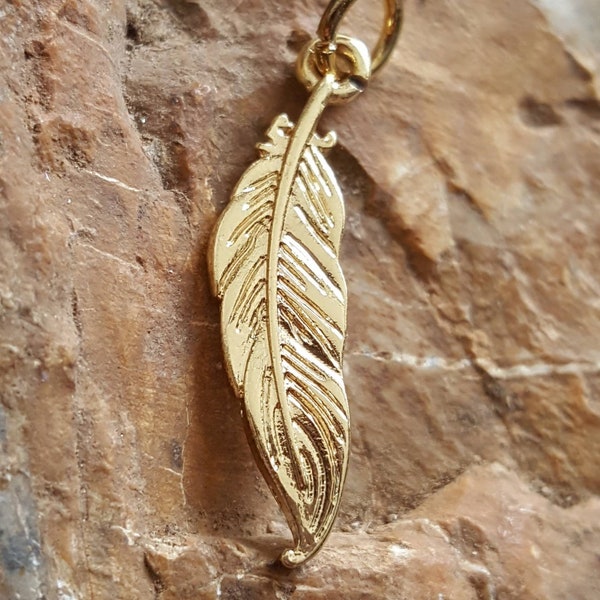 Gold feather charm, dainty gold jewelry, charms for bracelets necklaces, 14k gold bird feather pendant, gold feathers, gold feather pendant