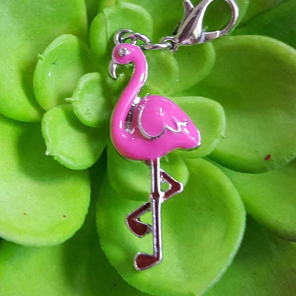 Pink flamingo charm, clip on flamingo charm for bracelets necklaces, enamel charm w lobster clasp, pink flamingo pendant, silver and pink