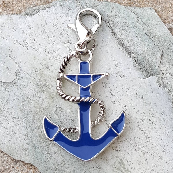 Vintage anchor pendant, silver blue anchor charm, blue silver anchor pendant, clip on anchor for bracelet nautical jewelry nautical pendant