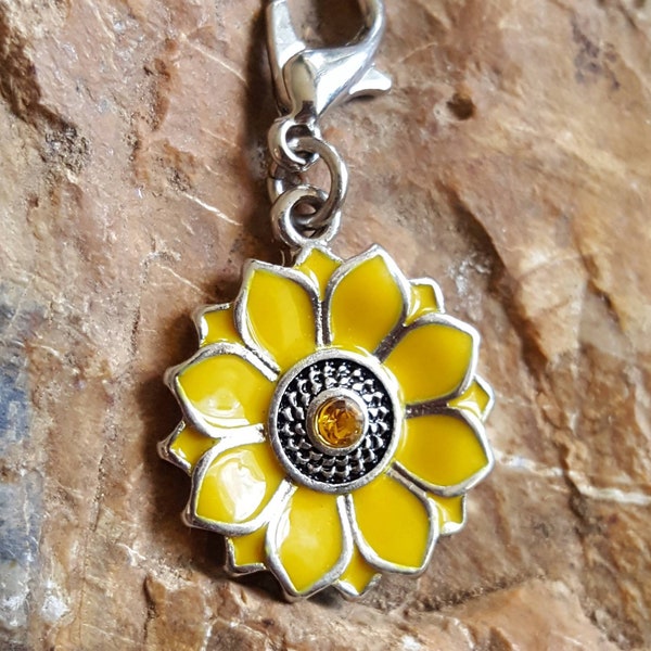 Clip on sunflower charm with crystal, yellow crystal sunflower charm, sunflower pendant with clasp, floral charm, cute yellow flower charm