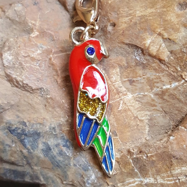 Colorful parrot clip on charm, red enamel parrot charm w clasp, red blue green parrot charm, red parrot pendant, tropical bird charm pendant