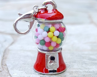 Clip on charm, enamel charm w lobster clasp, tiny 3d gumball machine charm, kids charms, vintage gumball machine pendant, bubblegum charm