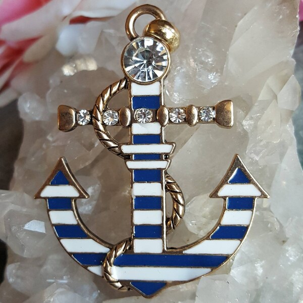 Vintage anchor pendant, crystal anchor pendant, gold blue white anchor pendant, striped anchor pendant, nautical pendant, boat anchor charm