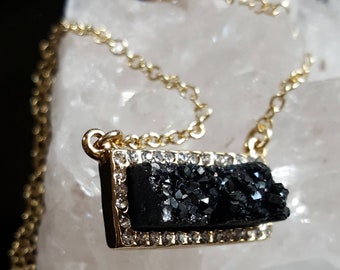 Sparkly black druzy necklace, black druzy pendant necklace, gold pave crystal druzy pendant, black crystal necklace, Christmas jewelry gift