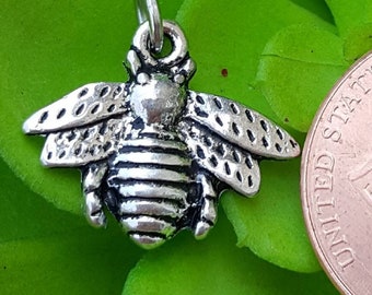 Silver bee charm, tiny silver bee pendant, bee jewelry, bee lover gift, antique silver bee charm, beekeeper garden lover christmas gifts