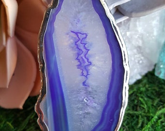 Purple agate slice pendant, purple stone pendant, purple pendant, purple and silver pendant, purple focal pendant, purple crystal pendant