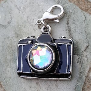 May include: A black camera charm with a silver clasp and a rainbow iridescent crystal lens.