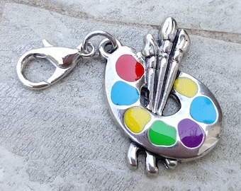 Clip on charm for bracelet necklace, cute artist gift, enamel charm w lobster clasp, tiny artist paint palette clip on painters pallet charm