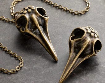 Antique bronze bird skull pendants, tribal bird skull charms, floral bird skulls for necklaces, unique unusual jewelry for christmas gifts