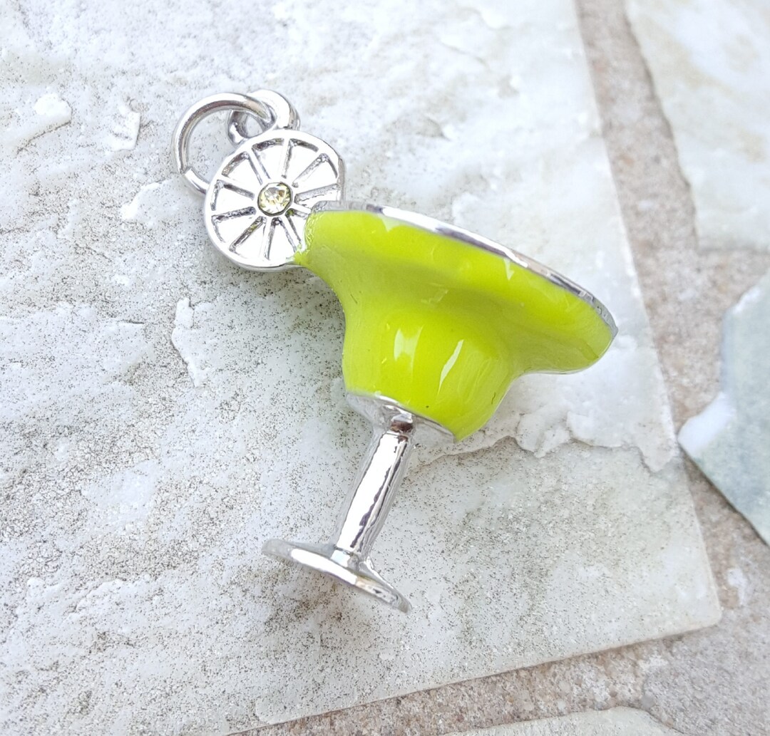 Green Silver Margarita Glass Charm Pendant, Tiny Margarita Glass