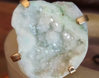 Mint green geode ring, mint green druzy ring, green crystal ring, adjustable silver ring, sparkly green ring, natural light green stone ring