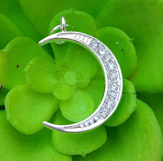Crescent moon charm, pave crystal moon charm, silver pave crystal crescent moon pendant charm, celestial charm pendant, silver moon jewelry