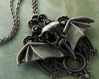 Bat Pendant, Bat Skull With Wings, Antique Silver Bat