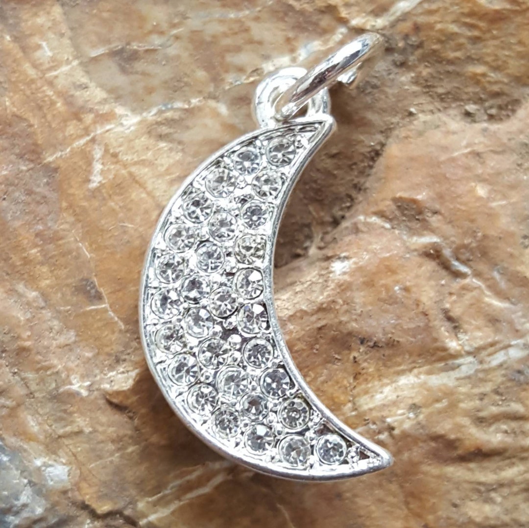 Sparkly Crystal Crescent Moon Charm, Silver Pave Crystal Moon