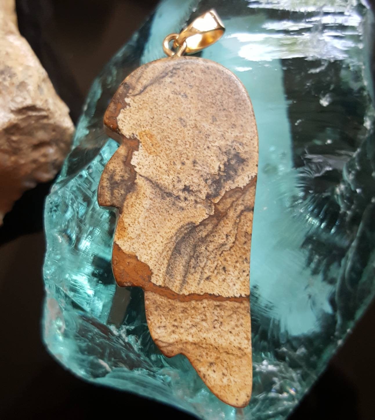 earth tone stone pendant jasper focal pendant natural stone pendant brown beige tan stone pendant Picture jasper pendant w gold bezel