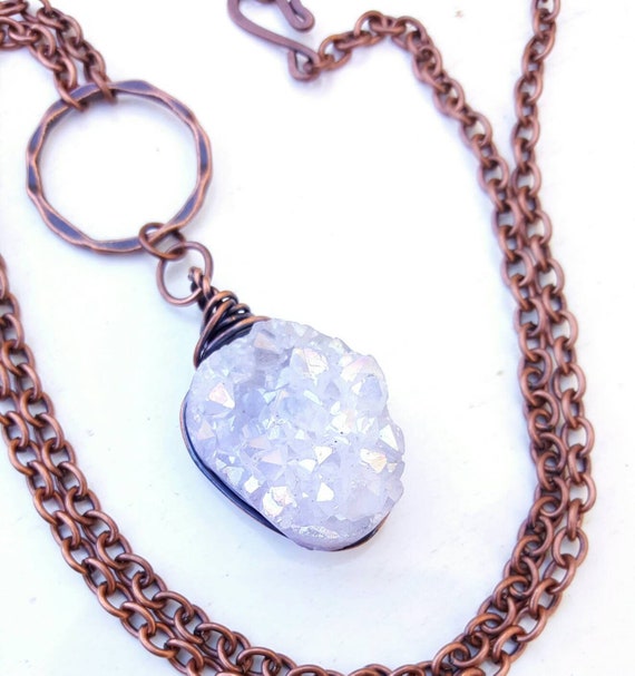 Sparkly white druzy necklace, wirewrapped druzy pendant, white crystal necklace, handmade copper necklace w druzy mothers day jewelry gift