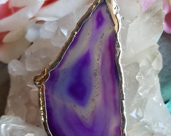 Purple agate slice pendant, purple stone pendant, purple pendant, purple and silver pendant, purple focal pendant, purple crystal pendant