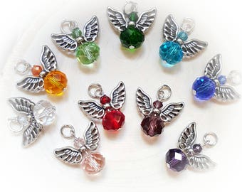 Silver angel charm, colorful beaded angel charm, crystal angel pendant for bracelets necklaces earrings, religious Christian charms jewelry