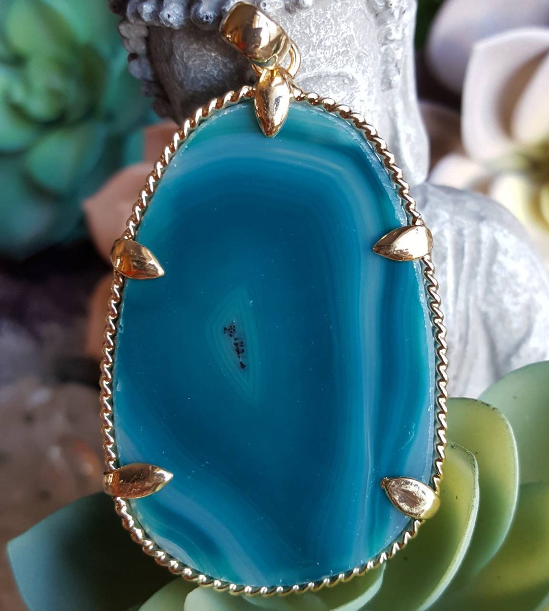 Aqua Blue Agate Pendant, Blue Stone Pendant, Blue & White Geode