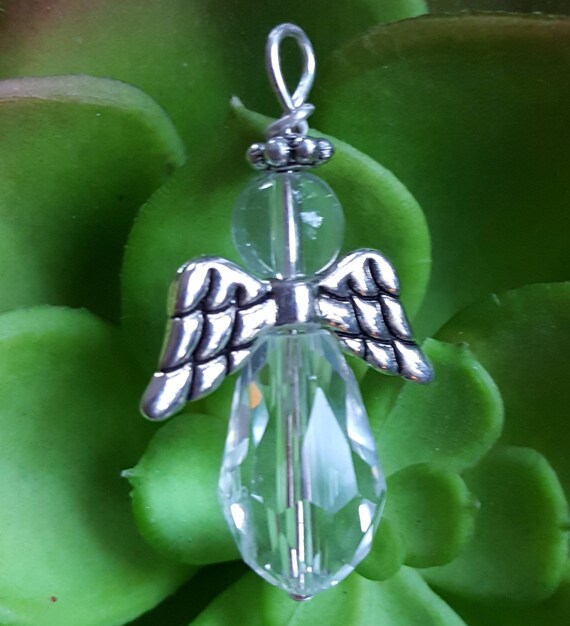 Silver Angel Charm, Clear Beaded Angel, Clear Crystal Angel