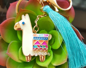 Cute llama keychain keyring, colorful enameled llama w crystals & tassel gold clipon llama charm, llama lover gifts, llama christmas gifts
