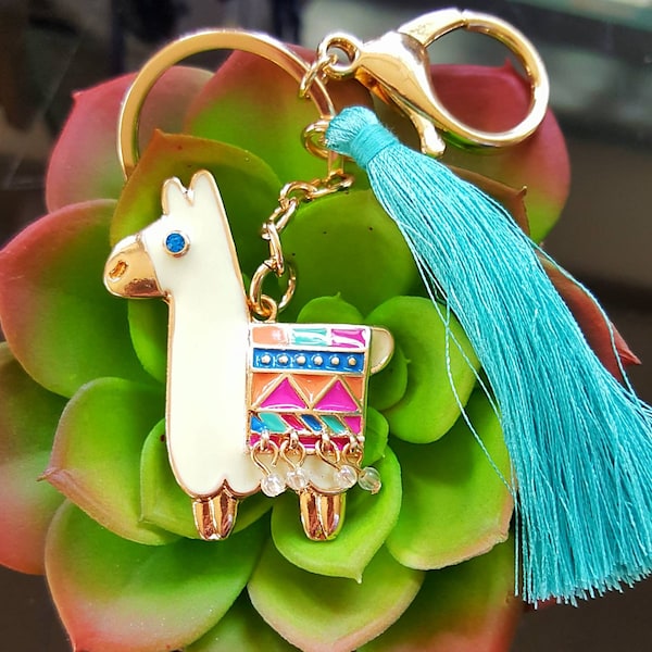 Cute llama keychain keyring, colorful enameled llama w crystals & tassel gold clipon llama charm, llama lover gifts, llama christmas gifts