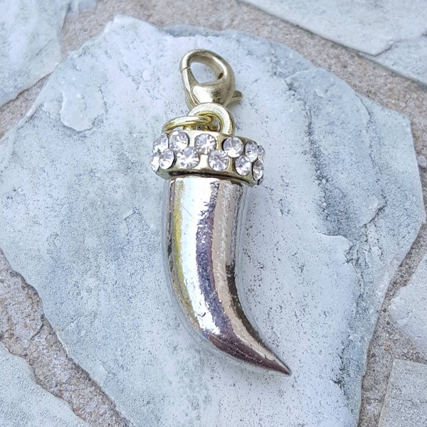 Clip on Charms for bracelets necklace, pendants charms w lobster clasp, gold horn charm, tooth tusk charms jewelry, silver horn with crystal