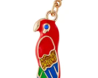 Colorful parrot clip on charm, red enamel parrot charm w clasp, red blue green parrot charm, red parrot pendant, tropical bird charm pendant