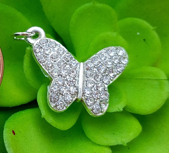 Sparkly Silver Crystal Butterfly Pendant, Pave Crystal Butterfly