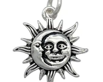 Dije de sol y luna de plata, dije de sol sonriente, joyería celestial, dije de luna y sol, dije de sol y luna con cara feliz, colgante de sol y luna de plata