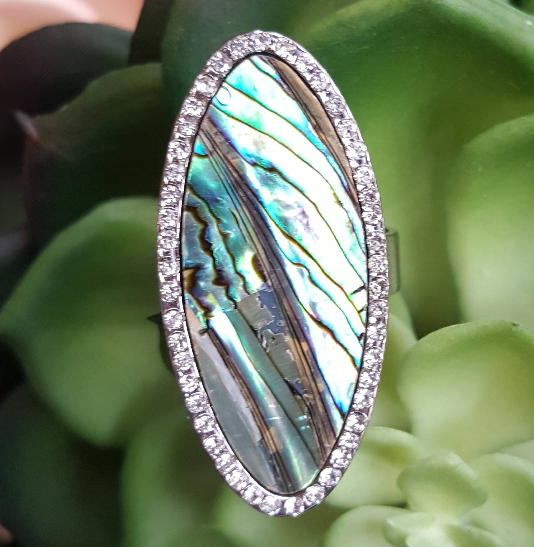 Blue Abalone Ring, Abalone Inlay Shell Ring, Pave Crystal Shell Ring ...