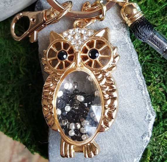 Cute Owl Heart Black Rhinestone Crystal Charm Purse Pendant & Key Chain
