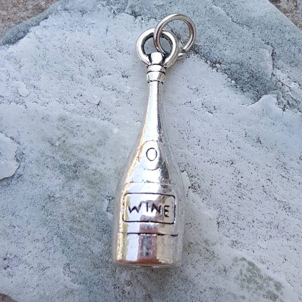Silver wine bottle charm, wine charm jewelry, tiny wine bottle pendant, celebration party charms, wine drinkers gift, fun christmas gifts