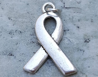 Silver breast cancer awareness charm, breast cancer survivor ribbon pendant, cancer survivor jewelry charm, survivor pink ribbon charm
