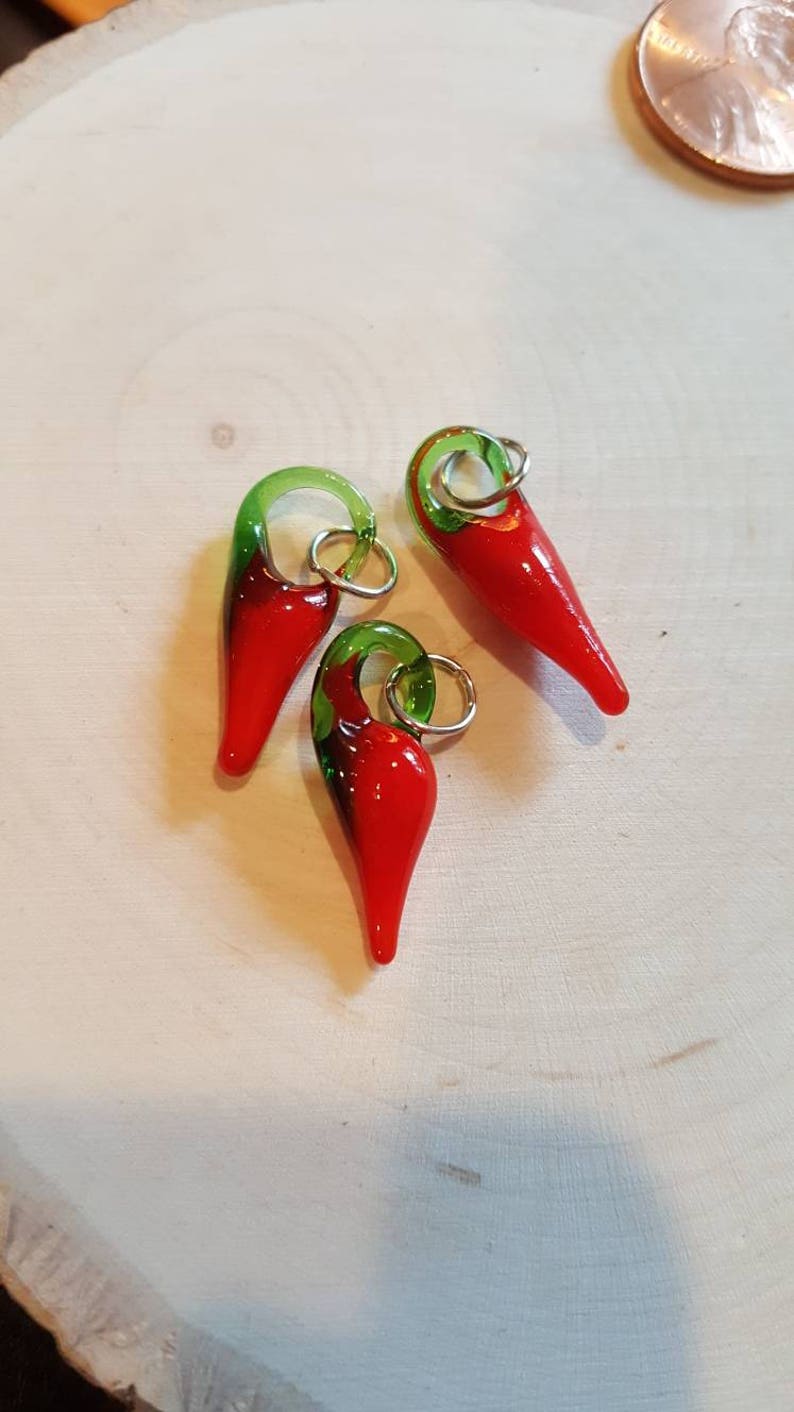 Glass Chili Pepper charms pendants, tiny 3/4 red green glass chili peppers, fall holiday chili lovers southwestern jewelry cute food charms image 3